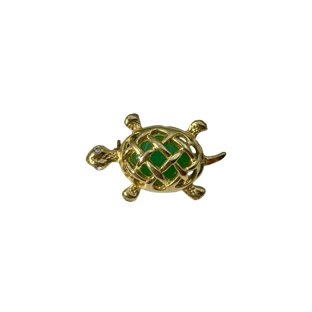 Vintage Gold Tone Rhinestone Eyes Faux Green Stone Shell Turtle Brooch Pin